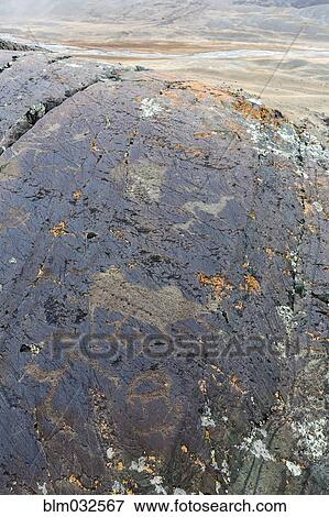 Stock Photo - Close up of petroglyphs on rock formations, Altai Tavn Bogd National Park, Bayan Ulgii, Mongolia. Fotosearch