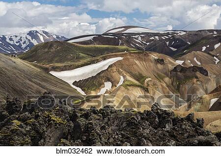 Snowy mountains and rhyolite formations in remote landscape View Large Photo Image Stock Image - Snowy mountains and rhyolite formations in remote landscape. Fotosearch