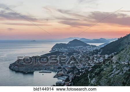 Picture - Aerial view of coastal city on hillside, Dubrovnik, Dubrovnik-Neretva, Croatia. Fotosearch