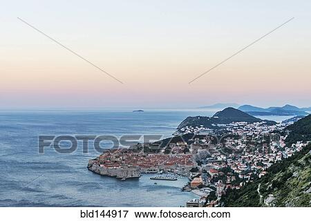 Stock Photo - Aerial view of coastal city on hillside, Dubrovnik, Dubrovnik-Neretva, Croatia. Fotosearch