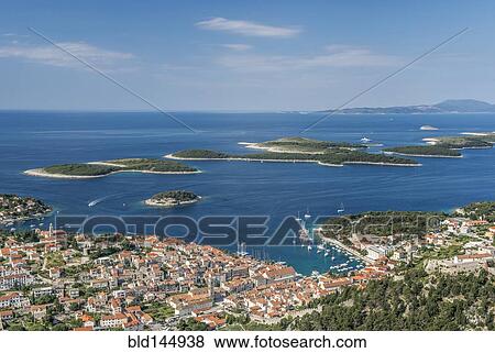 Stock Photo - Aerial view of coastal town and islands, Hvar, Split, Croatia. Fotosearch