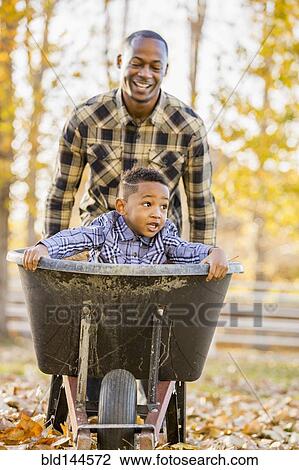 Stock Image - Black father pushing son in wheelbarrow in autumn leaves. Fotosearch