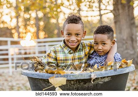 Stock Image - Brothers hugging in autumn leaves in wheelbarrow. Fotosearch