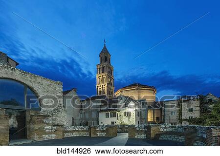 Buildings and tower illuminated at dusk, Split, Split, Croatia View Large Photo Image Stock Photograph - Buildings and tower illuminated at dusk, Split, Split, Croatia. Fotosearch