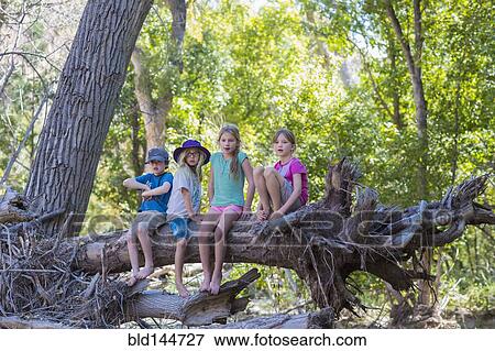 Stock Photo - Caucasian children sitting on tree root in forest. Fotosearch