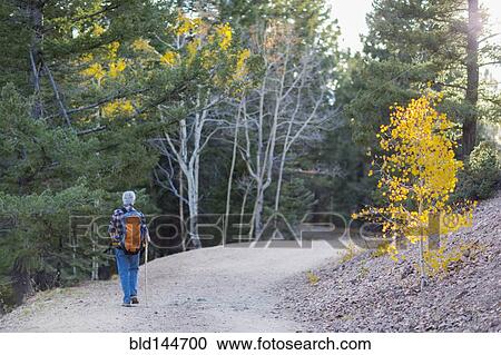Stock Image - Caucasian hiker walking on dirt path in forest. Fotosearch