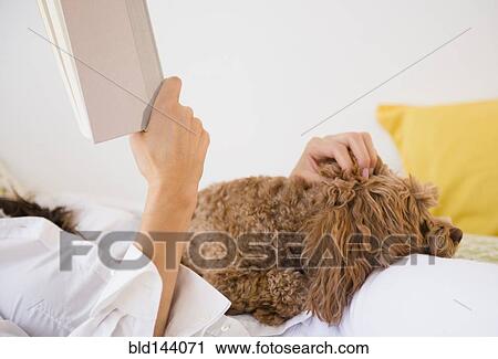 Stock Image - Caucasian woman reading with pet dog. Fotosearch