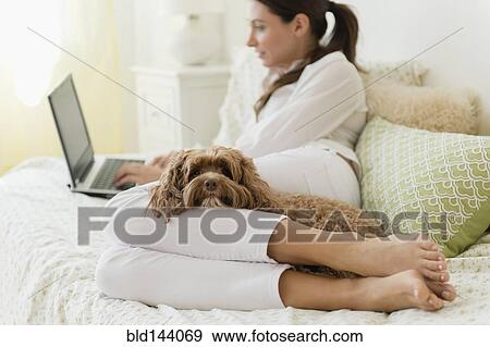 Stock Photo - Caucasian woman using laptop with pet dog. Fotosearch