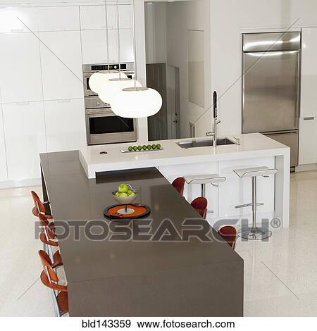 Stock Photo - High angle view of counters in modern kitchen. Fotosearch