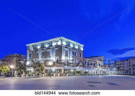 Picture - Illuminated town square and buildings at night, Rovinj, Istria, Croatia. Fotosearch