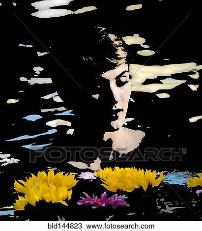 Illustration of woman in lake with flowers View Large Photo Image Stock Image - Illustration of woman in lake with flowers. Fotosearch