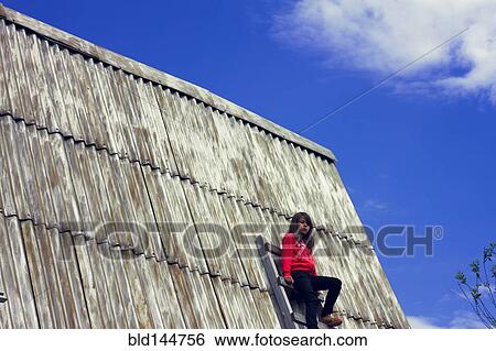 Stock Photograph - Low angle view of Caucasian girl on ladder on tin roof. Fotosearch