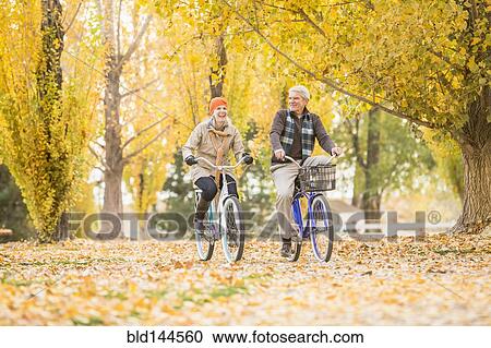 Stock Image - Older Caucasian couple riding bicycles on autumn leaves. Fotosearch