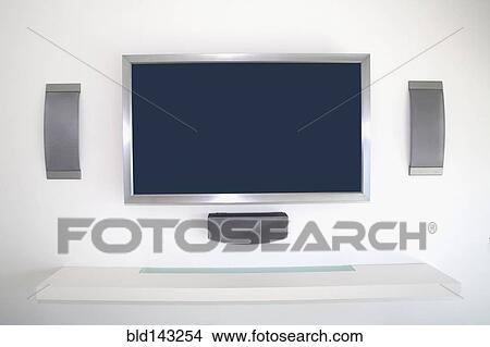 Picture - Television and speakers in modern living room. Fotosearch