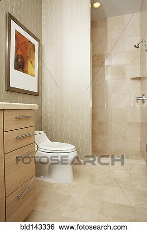 Stock Photograph - Toilet, shower and drawers in modern bathroom. Fotosearch