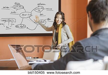 Stock Photography - Businesswoman showing diagram to colleagues. Fotosearch