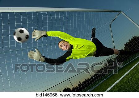 Caucasian soccer goalie jumping in mid-air catching ball View Large Photo Image Stock Photograph - Caucasian soccer goalie jumping in mid-air catching ball. Fotosearch