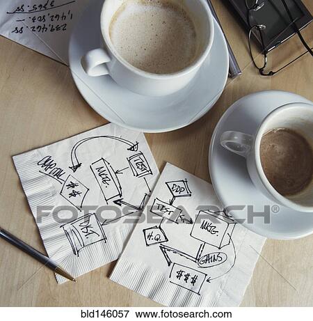 Coffee cups and drawings on napkins View Large Photo Image Stock Photo - Coffee cups and drawings on napkins. Fotosearch