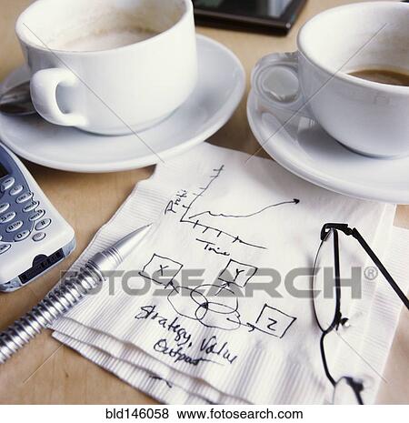 Stock Photo - Coffee cups and drawings on napkins. Fotosearch