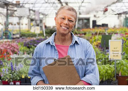 Mixed race woman working in plant nursery View Large Photo Image Stock Photo - Mixed race woman working in plant nursery. Fotosearch