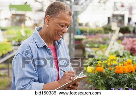 Stock Photograph - Mixed race woman working in plant nursery. Fotosearch
