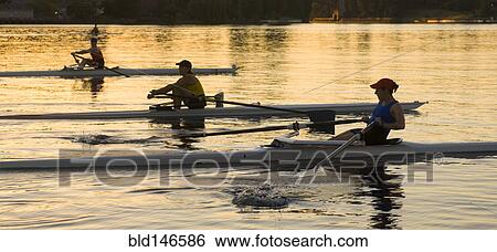 Stock Photograph - People rowing sculling boats on river. Fotosearch