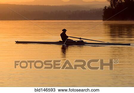 Stock Image - Person rowing sculling boat on river. Fotosearch