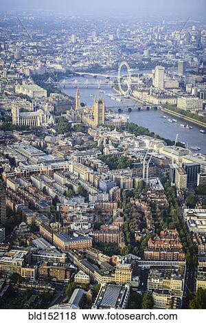 Stock Photo - "Aerial view of London cityscape and river, England". Fotosearch