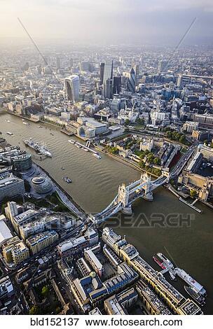 Stock Photo - "Aerial view of London cityscape and river, England". Fotosearch