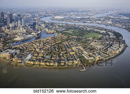 Stock Photograph - "Aerial view of London cityscape and river, England". Fotosearch
