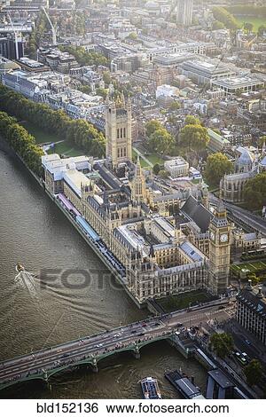 Stock Photograph - "Aerial view of London cityscape and river, England". Fotosearch