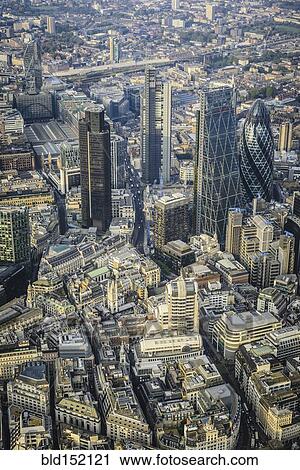 Stock Image - "Aerial view of London cityscape, England". Fotosearch