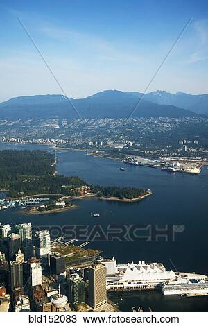 Stock Image - "Aerial view of river and Vancouver cityscape, British Columbia, Canada". Fotosearch