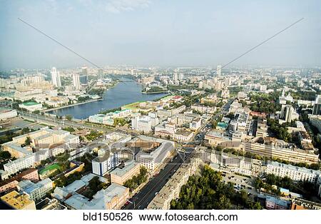 Stock Photograph - "Aerial view of Ykateriburg cityscape, Ural, Russia". Fotosearch