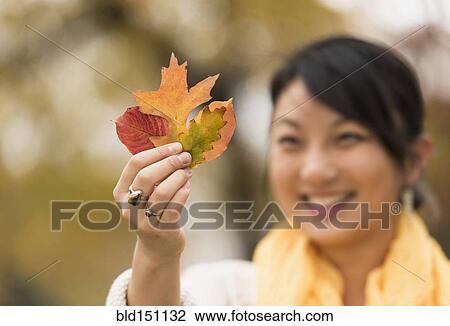 Stock Image - Asian woman admiring autumn leaves outdoors. Fotosearch