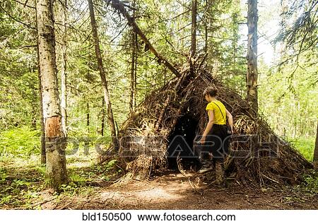 Stock Image - Caucasian boy playing in thatched teepee fort in forest. Fotosearch