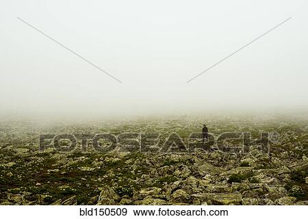 Caucasian hiker walking in rocky field View Large Photo Image Stock Photo - Caucasian hiker walking in rocky field. Fotosearch