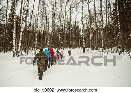 Caucasian hikers walking in snowy forest View Large Photo Image Stock Image - Caucasian hikers walking in snowy forest. Fotosearch