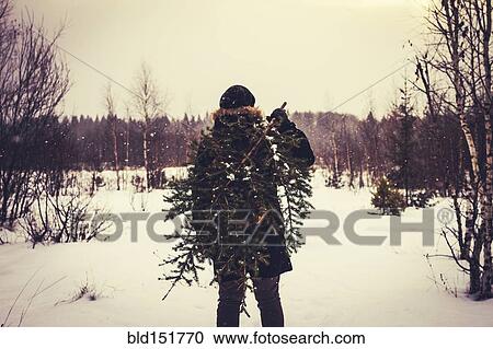 Stock Image - Caucasian man carrying tree in snowy field. Fotosearch
