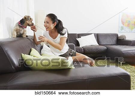 Picture - Chinese woman feeding dog takeout in living room. Fotosearch