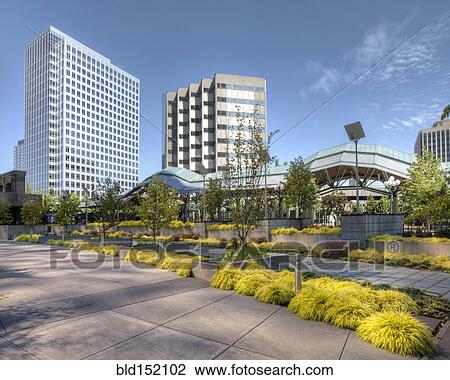 Stock Image - "Concrete sidewalk in industrial park, Bellevue, Washington, United States". Fotosearch