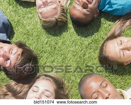 Picture - High angle view of teenagers sleeping on grass lawn. Fotosearch