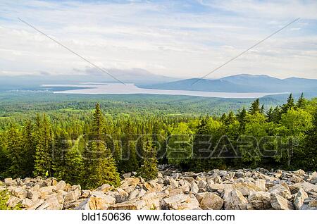 Stock Photograph - Rocky hillside and forest in remote landscape. Fotosearch