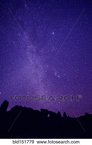 Stock Photo - Silhouette of rock formations under starry night sky. Fotosearch