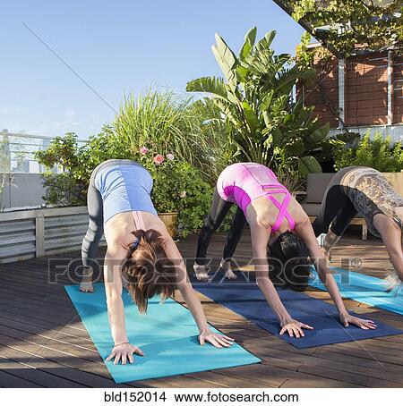 Women practicing yoga together on urban rooftop View Large Photo Image Picture - Women practicing yoga together on urban rooftop. Fotosearch