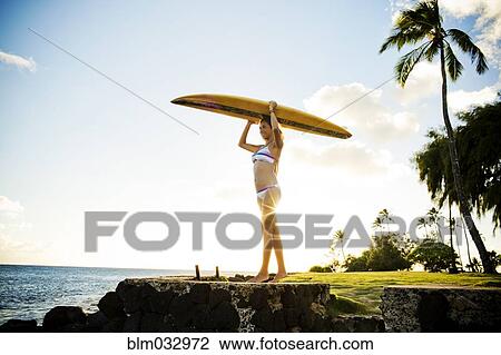 Stock Image - Surfer holding surfboard over her head near ocean. Fotosearch