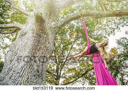 Stock Photo - Acrobatic Caucasian girl hanging on fabric under tree. Fotosearch