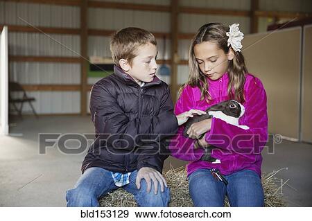 Stock Photo - Caucasian children petting rabbit in barn. Fotosearch