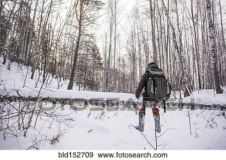 Mixed race man walking in snowy forest View Large Photo Image Stock Photo - Mixed race man walking in snowy forest. Fotosearch