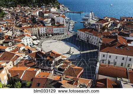 "Aerial view of ornate buildings in Piran cityscape, Primorska, Slovenia" View Large Photo Image Stock Photo - "Aerial view of ornate buildings in Piran cityscape, Primorska, Slovenia". Fotosearch